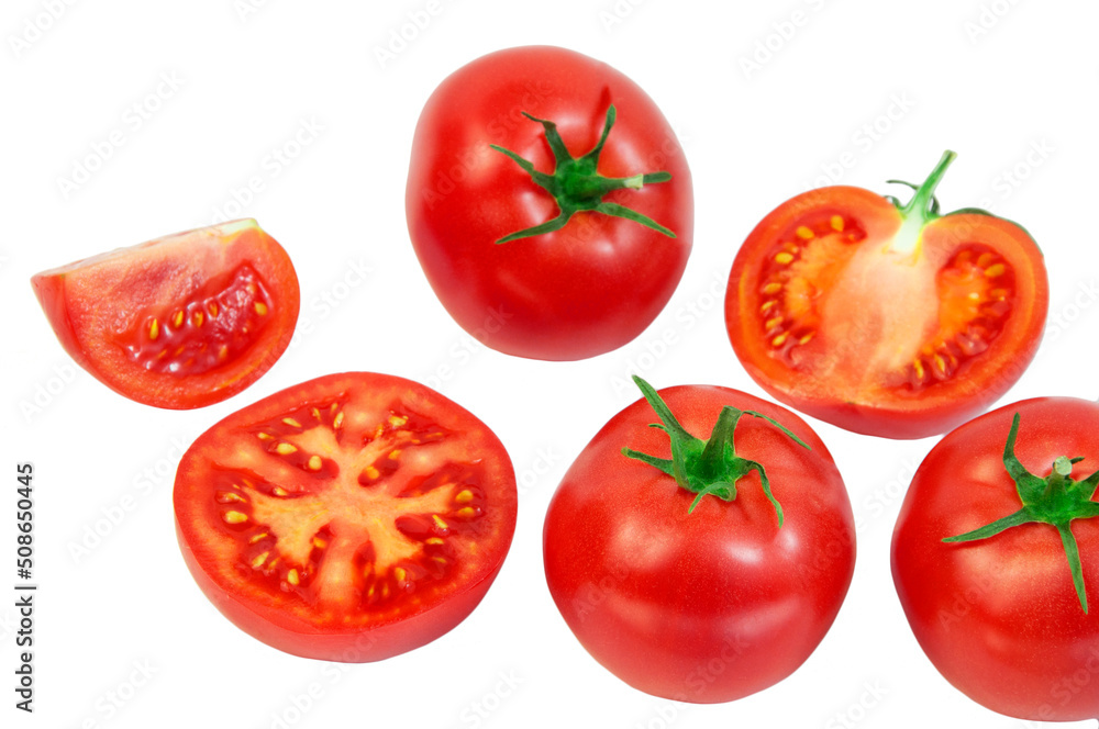 ripe tomatoes on a white background. the concept of cooking tomato sauce. red vegetables on a light texture. juicy pink tomatoes on the table