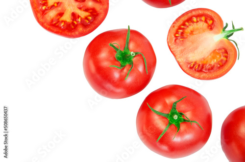 ripe tomatoes on a white background. the concept of cooking tomato sauce. red vegetables on a light texture. juicy pink tomatoes on the table
