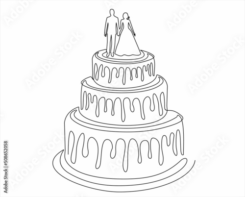 continuous single drawn one line wedding cake hand-drawn picture silhouette. Line art.