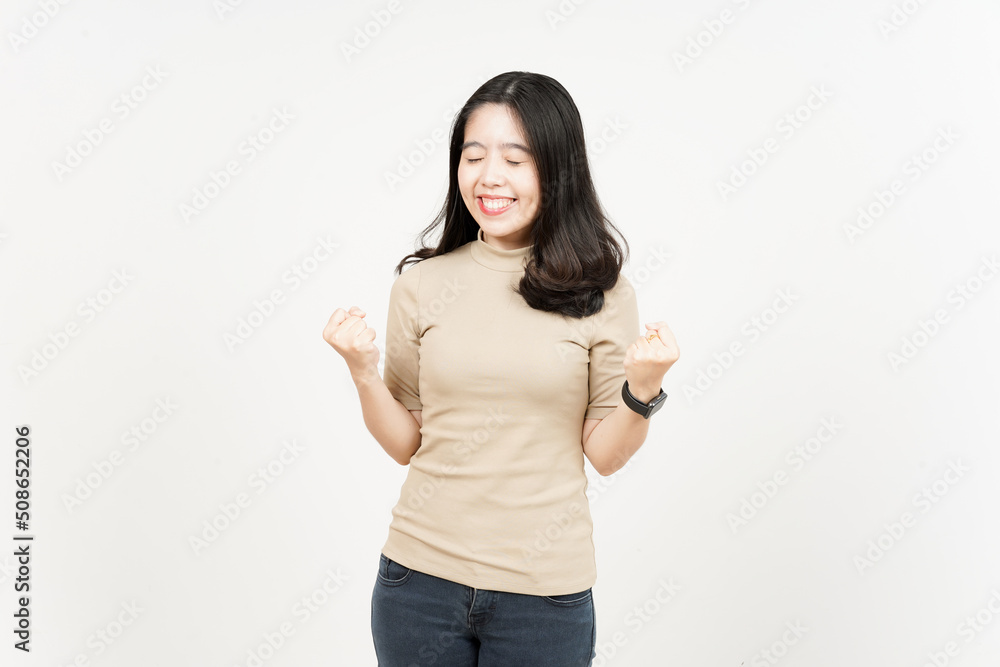 Yes and Celebration Gesture Of Beautiful Asian Woman Isolated On White Background Yes and Celebration Gesture Of Beautiful Asian Woman Isolated On White Background