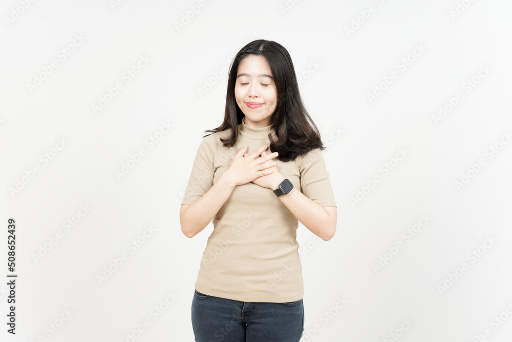 Hand on Chest Self Love Gesture Of Beautiful Asian Woman Isolated On White Background Hand on Chest Self Love Gesture Of Beautiful Asian Woman Isolated On White Background