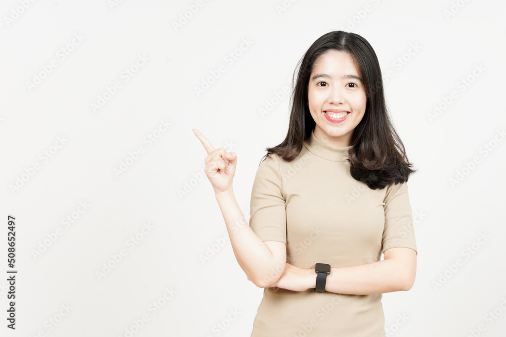 Showing Product and Pointing Side Of Beautiful Asian Woman Isolated On White Background Showing Product and Pointing Side Of Beautiful Asian Woman Isolated On White Background
