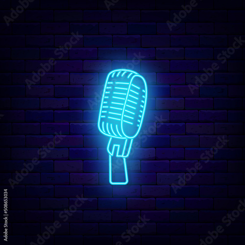 Blue microphone neon icon. Stand up comedy show. Karaoke and radaio. Music talent show. Vector illustration