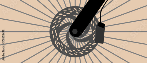 Bike details, close-up, flat vector stock illustration with brake disc, pads and wheel with spokes