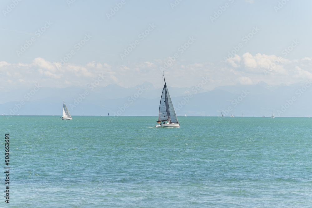 Sailing boats on Lake Constance in Germany in spring.