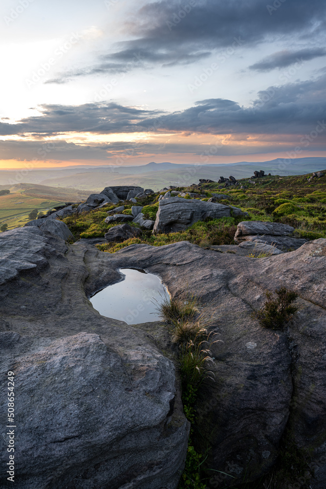 Obraz premium Panoramic view from The Roaches at sunset in the Peak District National Park.