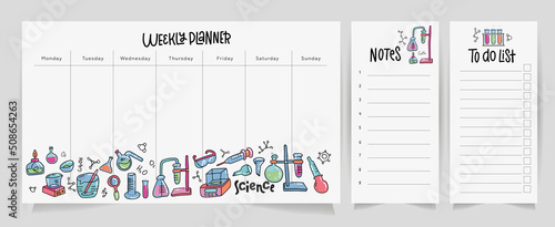 Set of School weekly planner and to do lists with science theme. Chemistry flask, laboratory instruments in doodle style. Hand drawn vector illustration. CMYK printable template