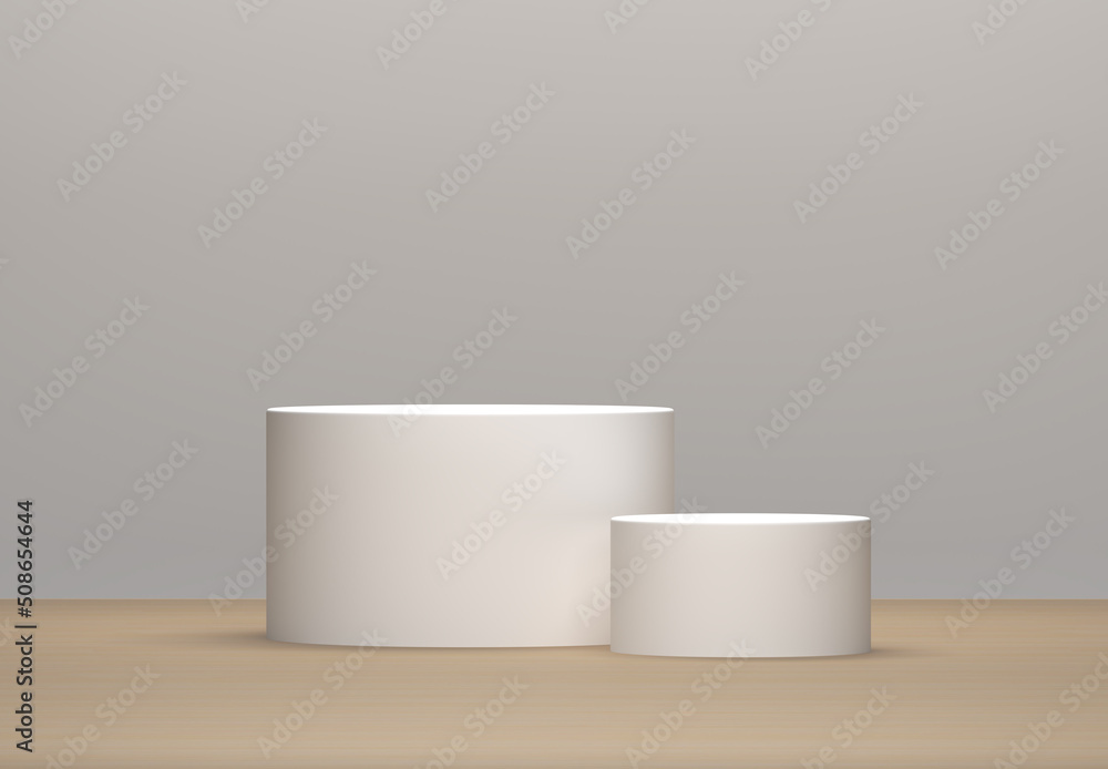 Minimalistic cylinders podiums made of white plastic against a light wall. Template, abstract background. 3d rendering Minimalistic cylinders podiums made of white plastic against a light wall. Template, abstract background. 3d rendering