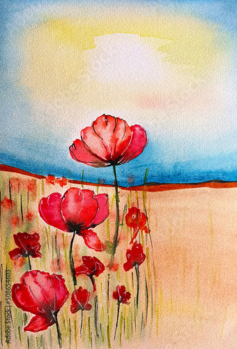 Watercolor illustrations poppy, garden leaves, poppy field, sunset, dawn, sky, sun, isolated on white background