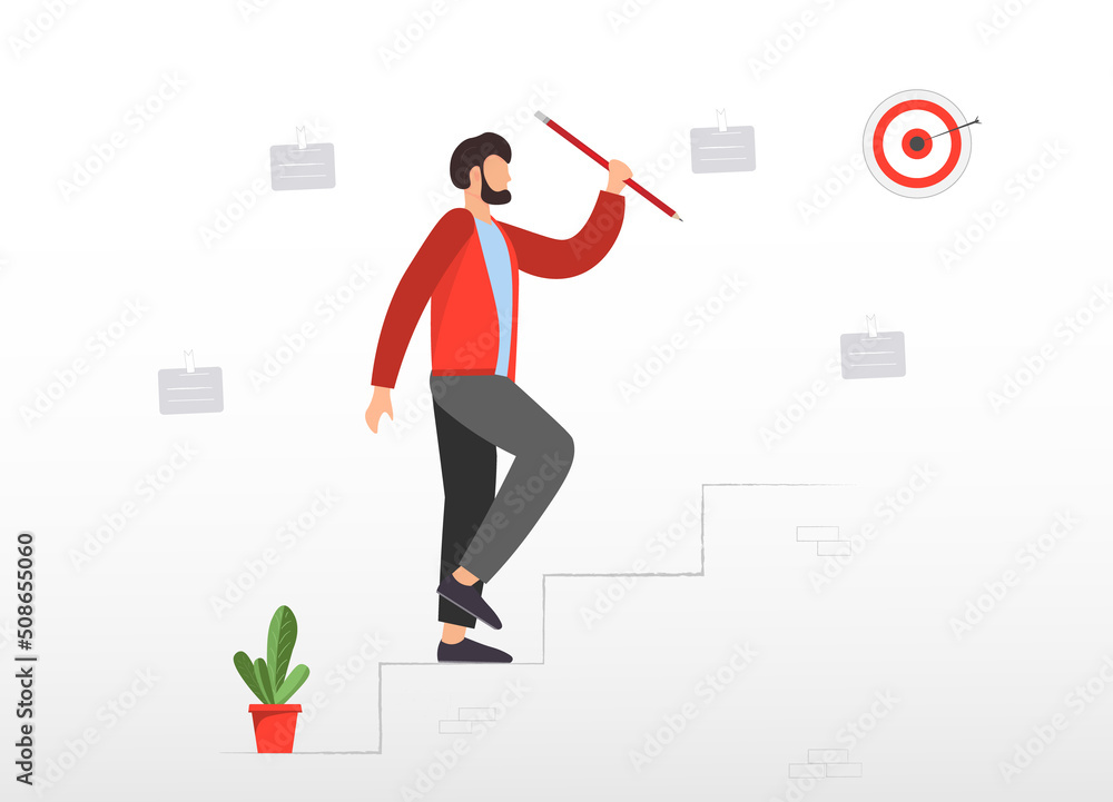 Businessman moving upstairs to reach business goal or purpose, person approaching career aim, achievement and leadership concept, motivation concept, flat vector illustration