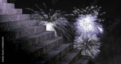 Image of steps with white christmas and new year fireworks exploding in night sky