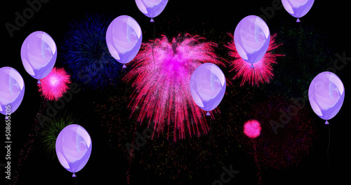 Image of lilac balloons with colourful christmas and new year fireworks exploding in night sky