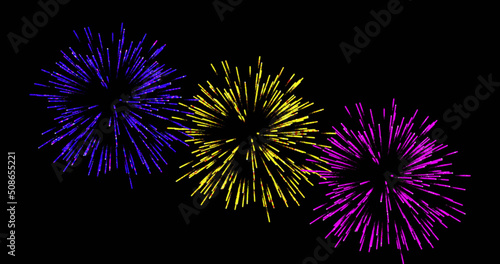 Image of colourful christmas and new year fireworks exploding on black background