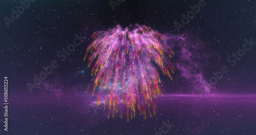 Image of christmas and new year fireworks in night sky, with electric flash and pink light
