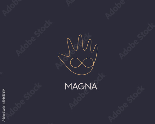 Graceful infinity sign in the palm logo design. Luxury thin continuous line vector swirl  loop  wave vector sign logotype.