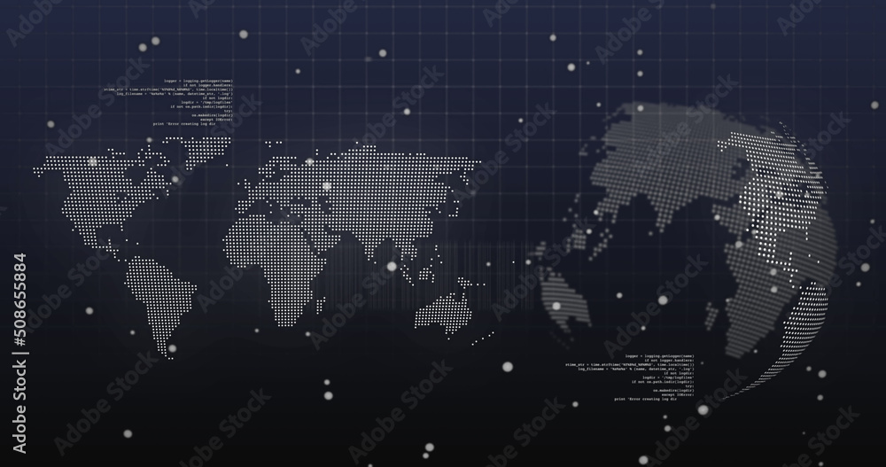 Naklejka premium Image of dots and data processing over world map and rotating globe on navy background