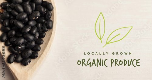 Image of organic produce text in green over fresh organic black beans in wooden bowl