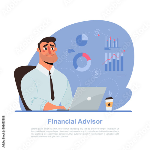 Financial consultant working on analytics on a laptop, cartoon vector illustration
