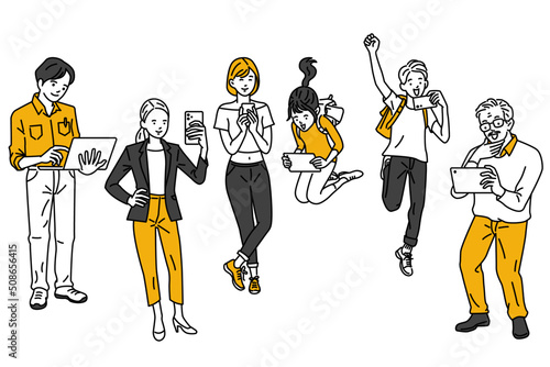 Cute character vector illustration of several generations holding gadgets, smartphone, tablet, laptop, with happy and excited expression. Outline, linear, thin line art, hand drawn sketch.