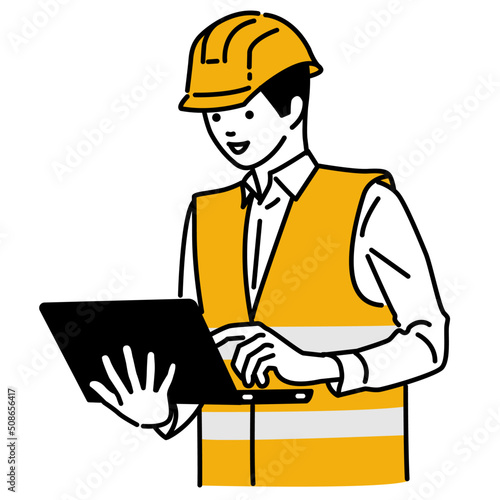 Cute character illustration of male engineer, holding laptop.