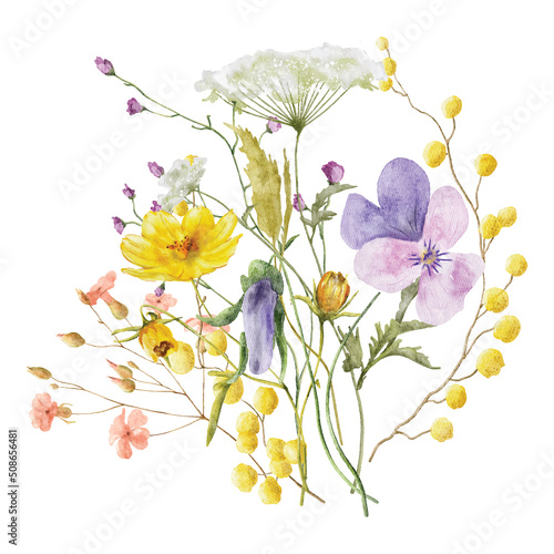 Wild flowers watercolor bouquet botanical hand drawn illustration