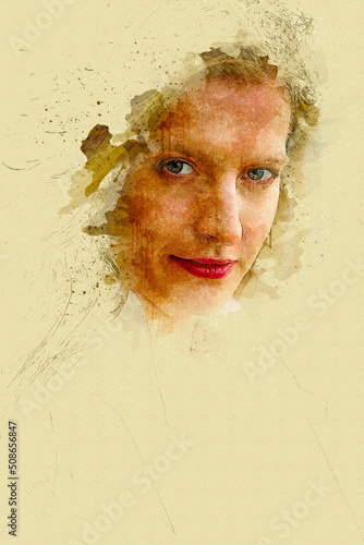 portrait of young blond woman in watercolor style