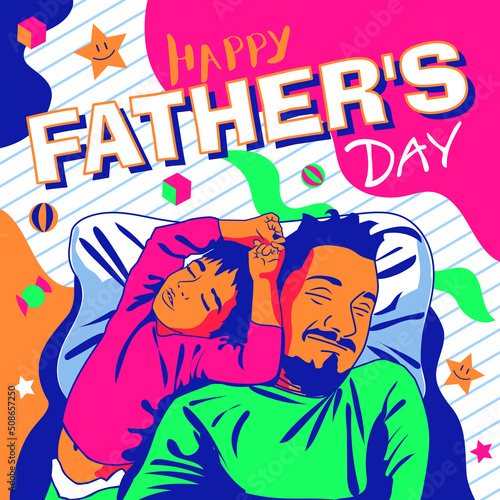 Vector illustration, happy father with a son. Happy Father's day card design. Father and son sleeping. 