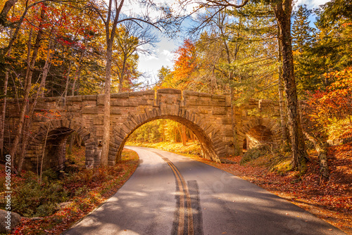 The Stanley Brook Bridge in the Acadia National PArk on a sunny fall day photo