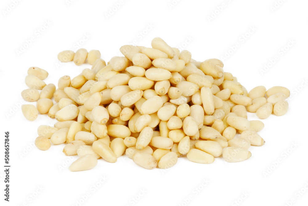 Bunch of pine nuts isolated on white background, vegetarian snack. Bunch of pine nuts isolated on white background, vegetarian snack.