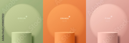 Set of green, orange, pink realistic 3D cylinder stand or podium with spotlight and shadow in round shape. Abstract minimal scene for mockup products display. Stage showcase. Vector geometric forms. photo