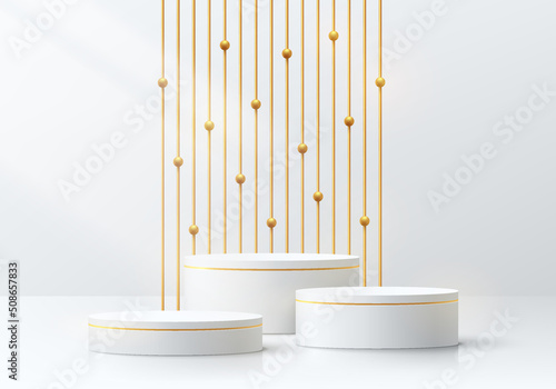 Realistic white  golden 3D cylinder pedestal podium set in room with golden vertical tube and beads. Luxury minimal scene for mockup products  Stage showcase  promotion display. Vector geometric forms