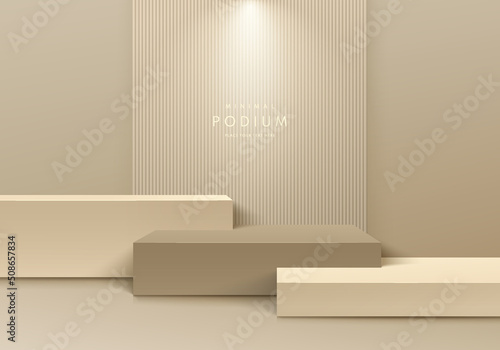 Realistic beige 3D steps cube pedestal podium set in clean room with shadow and lighting. Abstract minimal scene for mockup products, stage showcase, promotion display. Vector luxury geometric forms.