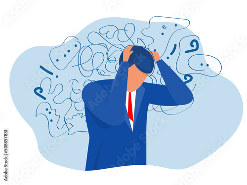 man suffers from obsessive thoughts; headache; unresolved issues; psychological trauma; depression.Mental stress panic mind disorder illustration Flat vector illustration.
