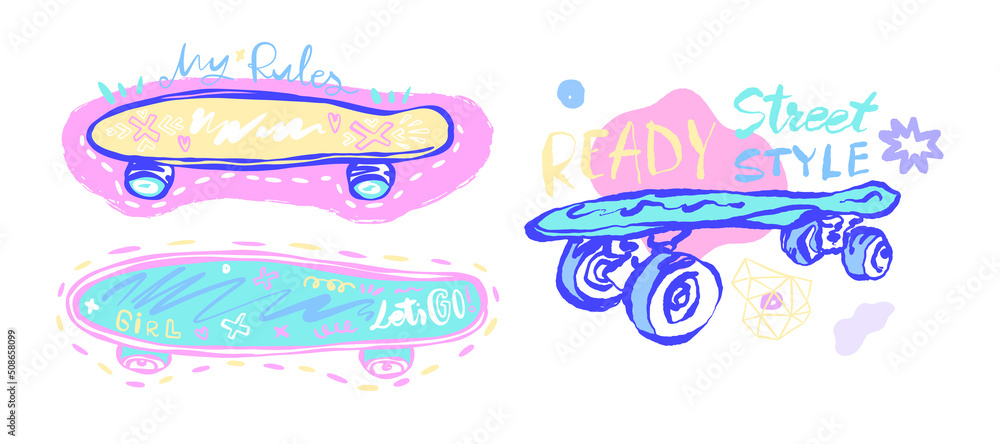 Bright illustrations with a skateboard, lettering. Summer print design for t-shirts. Hand drawing, sketch. Bright illustrations with a skateboard, lettering. Summer print design for t-shirts. Hand drawing, sketch.