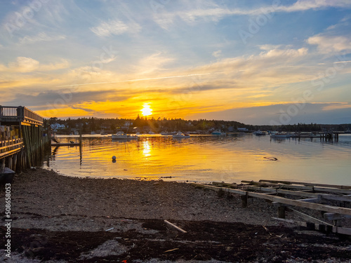 Bass Harbor and village at sunset in town of Tremont on Mt Desert Island, Maine ME, USA. 