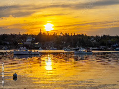 Bass Harbor and village at sunset in town of Tremont on Mt Desert Island, Maine ME, USA.  photo