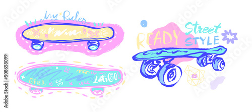 Bright illustrations with a skateboard, lettering. Summer print design for t-shirts. Hand drawing, sketch.