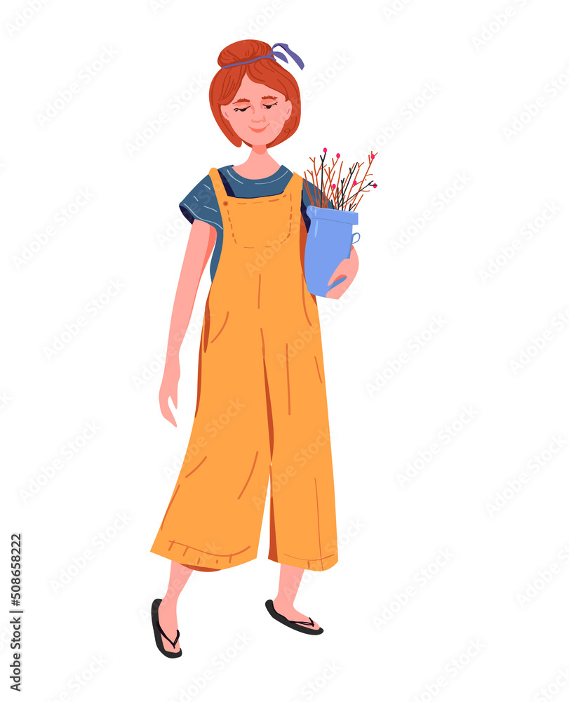 A funny smiling girl dressed in stylish clothes who holds a vase with flowers in her hands. Flat vector illustration.
