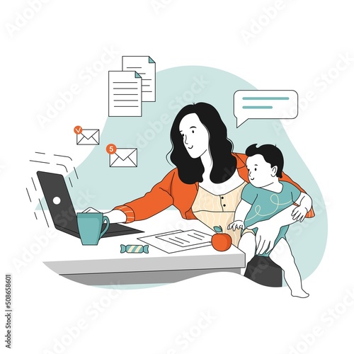 Young Mother with child working on the laptop from home. Female Freelance Worker with child at workplace. Online job, motherhood concept. Hand drawn style, vector illustration.