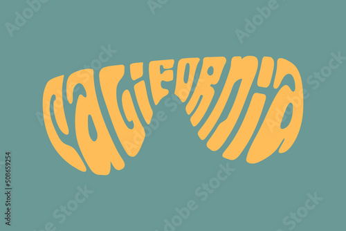 Text "California" inscribed in the shape of sunglasses. Illustration in hippie retro style. Vector print for T-shirt, poster, sticker.