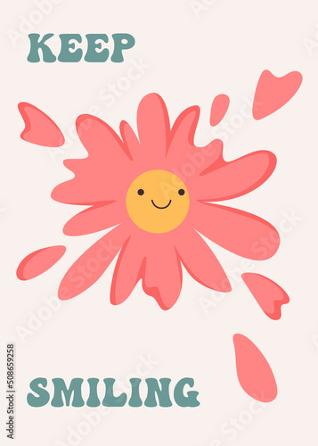70s retro poster with daisy flower with smile. Vector print with "Keep smiling" slogan for t-shirt, sticker, poster.