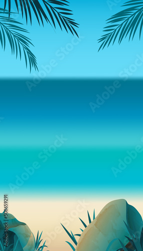 Summer blank vertical banner   template for social media  ads. Vector Summer banner in  beautiful seaside landscape with palm branches.