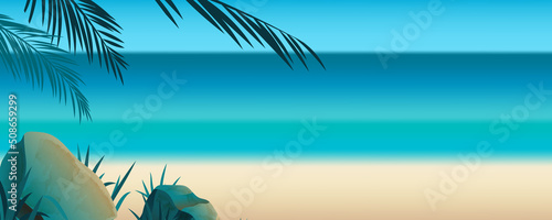 Fototapeta Naklejka Na Ścianę i Meble -  Summer blank horizontal banner , template for social media, ads. Vector Summer banner in  beautiful seaside landscape with palm branches.