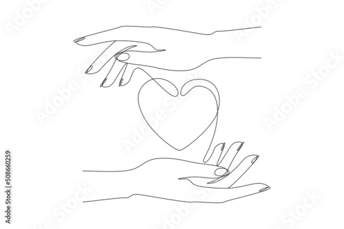 One continuous line drawing of heart between hands. Symbol of care and save health in simple linear style. Icon concept for volunteering charity and thanksgiving logo. Doodle vector illustration