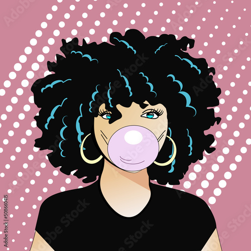 Curly girl with chewing gum pop art style