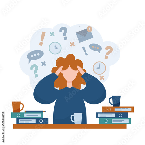 Emotional burnout Woman under anxiety pressure Social demands and work life balance problems Concept vector illustration