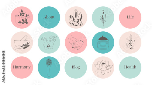 A set of highlights bright simple pink and blue icons for a blog about cosmetics, medicine and mental health.