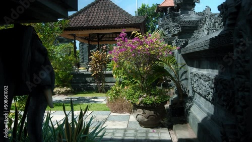 gazebo standing on the territory with green plants