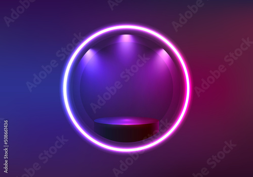 Abstract modern 3d cylinder podium with neon light. Product display presentation, show cosmetic product. Background vector geometric 3d studio room concept.