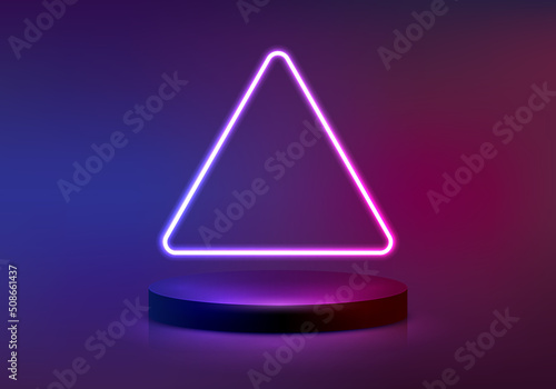 Abstract modern 3d cylinder podium with neon light. Product display presentation, show cosmetic product. Background vector geometric 3d studio room concept.